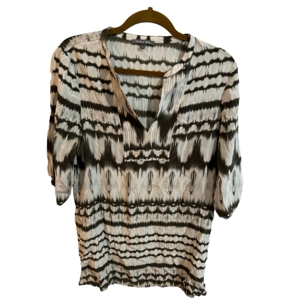 Michael Stars Olive Green Patterned Silk Shirt Mini Dress